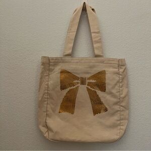 NEW! Bath & Body Works Gold Sequin Bow Canvas Tote Bag